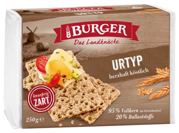 Burger Urtyp, Roggenvollkorn-Knäckebrot, herzhaft, mit Gerstenmalzmehl, 250 G/PK