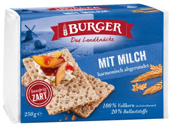 Burger Milch, Roggenvollkorn-Knäckebrot, mild-harmonisch, mit entrahmter Milch, 250 G/PK