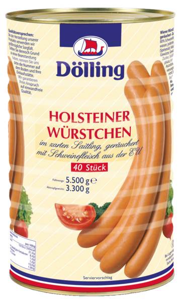 Dölling Holsteiner Würstchen, Wiener Würstchen, im Schafsaitling, 40x82,5g, 3,3 KG/DS Kaliber 20/22, geräuchert,