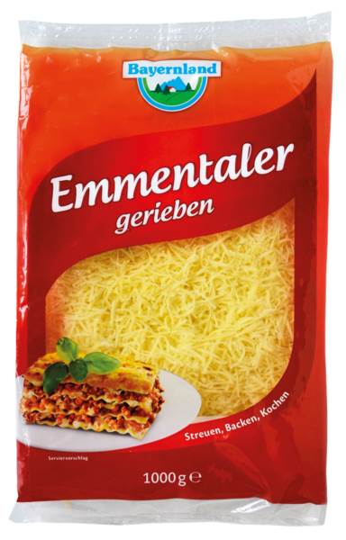 Bayernland Emmentaler gerieben, Hartkäse, Kuhmilch, 45% Fett i.Tr., Deutschland, 1 KG/BT aromatisch-mild, nussartig