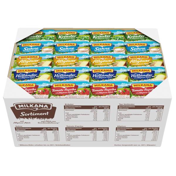 Milkana sortiert, Schmelzkäsezub., 28%-50% Fett i.Tr., ungekühlt haltbar, 20g, 100 ST/KT Sortierung: je 20 x Sahne, Kräuter, Holländer, Tomate-Paprika, Allgäuer