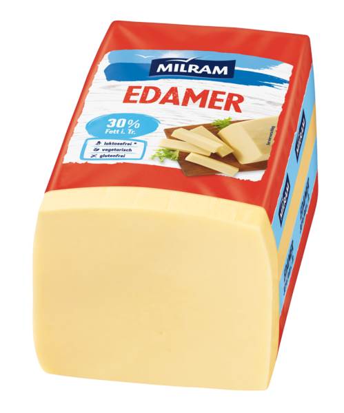 Milram Edamer, Schnittkäse, Kuhmilch, 30% Fett i.Tr., Deutschland, ca. 3 KG/ST fettreduziert, foliengereift, mild-aromatisch