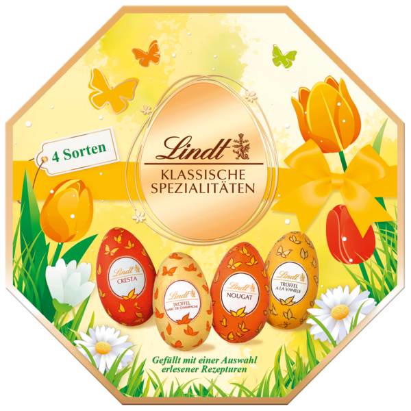 Lindt Klassische Spezialitäten, 8 gefüllte Alpenmilch- und weiße Schokoladeneier, 144 G/PK