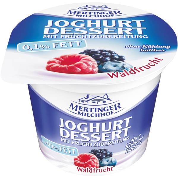 Mertinger Milchhof Früchtegut H-Fruchtjoghurt, 0,1% Fett, 4fach sortiert, ungekühlt haltbar, 125 G/BE je 5 x Erdbeere, Pfirsich, Waldfrucht, Himbeere