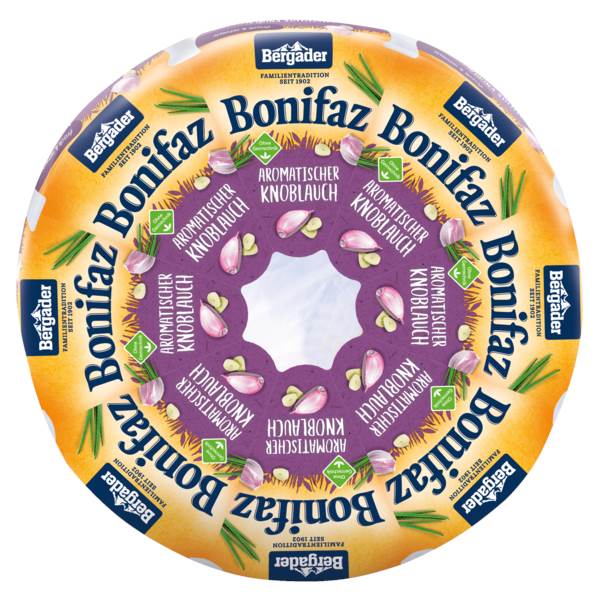 Bergader Bonifaz Knoblauch, Weichkäse, Kuhmilch, 70% Fett i.Tr., Deutschland, ca. 1,2 KG/ST mit weißem Edelschimmel und Schnittlauch