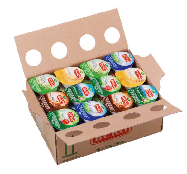 Arla Buko 6fach sortiert, Frischkäse, Kuhmilch, 52-73% Fett i.Tr., Dänemark, 20g, 48 ST/PK pikante Kräuter, Der Sahnige, Pfeffer, Provence, Ananas, Schnittlauch