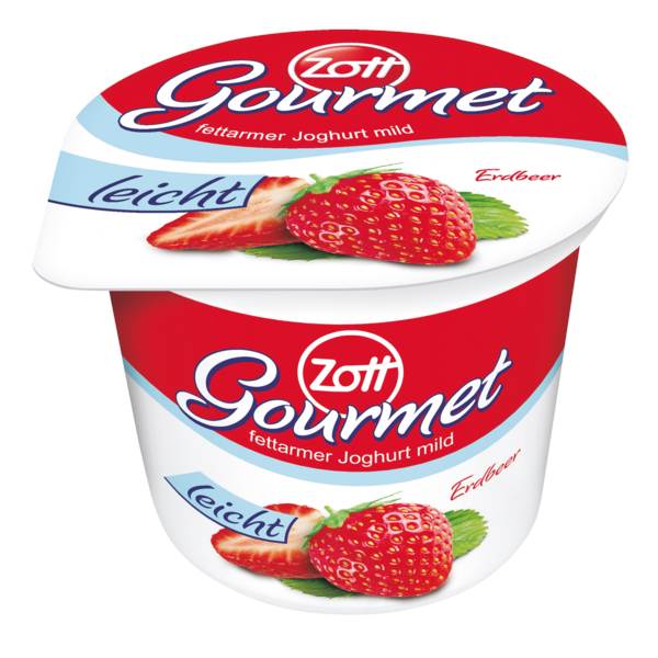 Zott Gourmet Fruchtjoghurt leicht, 1,5% Fett, 4fach sortiert, 1Becher=1 BE, 125 G/BE Erdbeere, Pfirsich-Maracuja, Kirsche, Himbeere