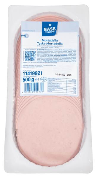 Base Culinar Mortadella, Brühwurst, fein gekörnt, gefächert, ca. 28 Scheiben/Pk, 0,5 KG/PK Kaliber 105, nach dtsch.Rezeptur,