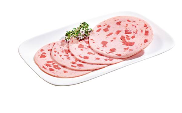 Base Culinar Mortadella "Süddeutsche Art", Brühwurst, gefächert, ca. 28 Scheiben/Pk, 0,5 KG/PK Kaliber 105 , mit würfelförmiger Einlage, nach dtsch.Rezeptur,