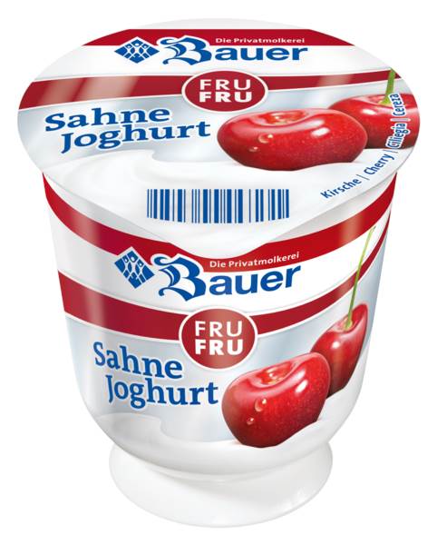 Bauer Sahne Fruchtjoghurt, 10 % Fett, ungekühlt haltbar, 4-fach sortiert, 150 G/BE Erdbeere, Himbeere, Kirsche, Aprikose-Mango