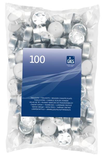 Gies Kerzen Teelichte, in Metallhülse, ca. 4 Stunden Brenndauer, 100 Stück (8) (205-417007-10) 1 PK