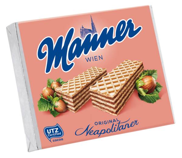 Manner Neapolitaner-Schnitten, knusprige Waffel gefüllt mit Haselnusscreme, 75 G/PK