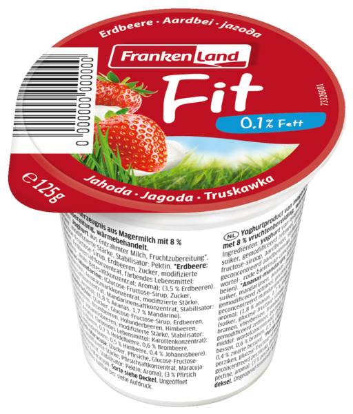Frankenland Fit Fruchtjoghurt, 0,1% Fett, ungekühlt haltbar, 4-fach sortiert, 125 G/BE Erdbeere, Ananas-Mandarine, Pfirsich-Maracuja, Waldfrucht