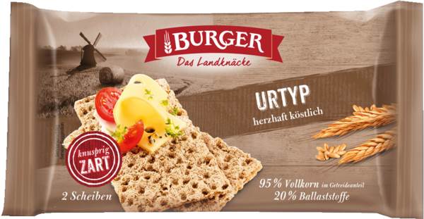 Burger Urtyp, Roggenvollkorn-Knäckebrot, herzhaft, 2er Portion á 18 G, 56 PO/KT mit Gerstenmalzmehl