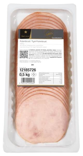 Star Culinar Delikatess-Putenbrust mit Paprika, gegart-heißgeräuchert,gefächert,ca.30Schb/Pk, 0,5 KG/PK Kaliber 110, aus Fleischstücken zusammengefügt, nach dtsch.Rezeptur,