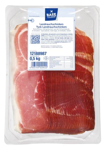 Base Culinar Landrauchschinken, Rohschinken, mild geräuchert, gefächert, ca.38 Scheiben/Pk, 0,5 KG/PK aus der Schweinekeule, nach dtsch.Rezeptur,
