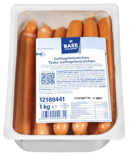 Base Culinar Geflügelwürstchen, Wiener Art, im ESC-Darm, Kaliber 20, 20 Stück a ca. 50g, 1 KG/PK