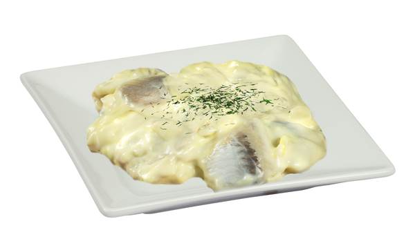 Heringsstipp, in Joghurt-Sahnedressing mit Rapsöl, Gewürzgurke, Zwiebel, Apfel, 10 KG/EI mit zugesetztem Trinkwasser, Fischeinwaage: 4kg