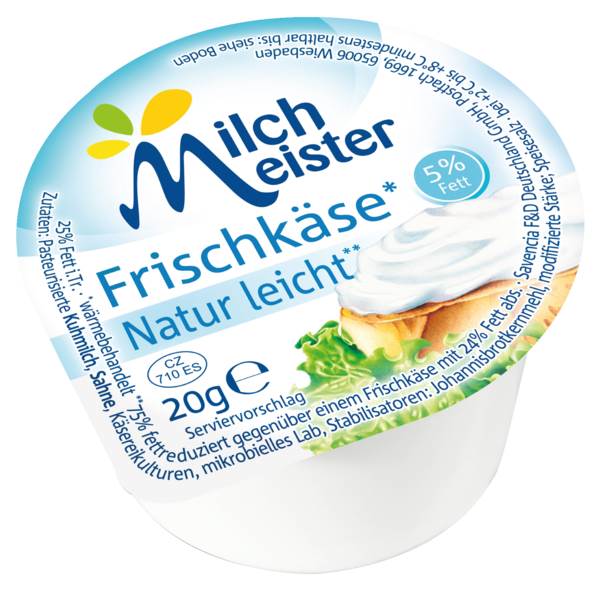 MilchMeister Frischkäse Leicht natur, Kuhmilch, 25% Fett i.Tr., 20g, 60 ST/KT fettreduziert