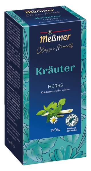 Meßmer Classic Moments 6-Kräuter, Kräutertee, Glasportionen à 2 g, einzeln kuvertiert, 25 Beutel, 25 BT/PK