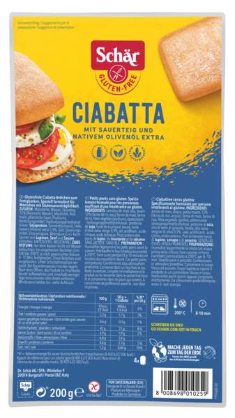 Schär Ciabatta glutenfrei, zum Fertigbacken, 4 x 50 g, 200 G/PK