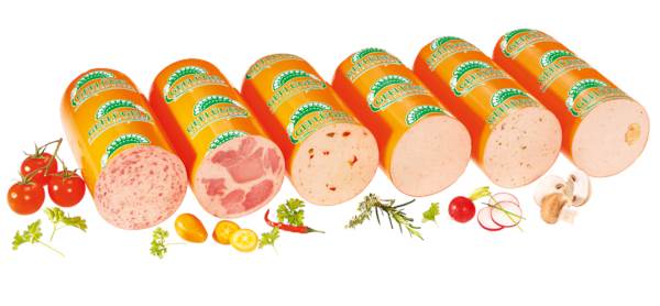 Holsteiner Putenräucherei Geflügel-Aufschnitt, Pap.+Champ.+Kräut.Lyon.-Bierschink.-Schinkenw.-Fleischw., 6 KG/BT 6 x 1/2 Stück à ca. 1 kg, im Kunstdarm, Kaliber 90