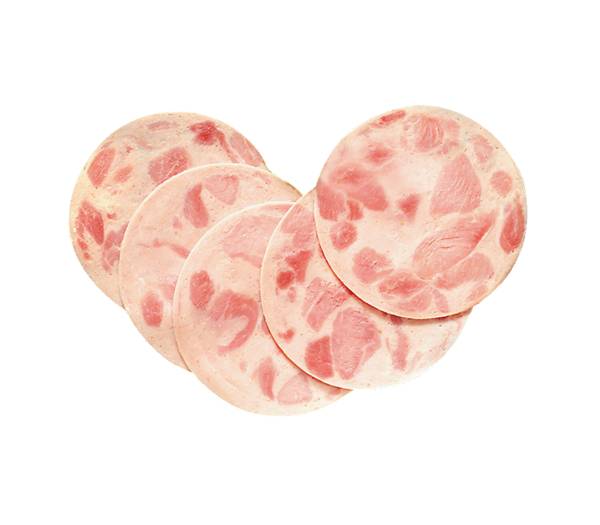Holsteiner Putenräucherei Geflügel-Bierschinken, mit grober Einlage, gefächert, ca. 35 Scheiben/Pk, 0,5 KG/PK Kaliber 100