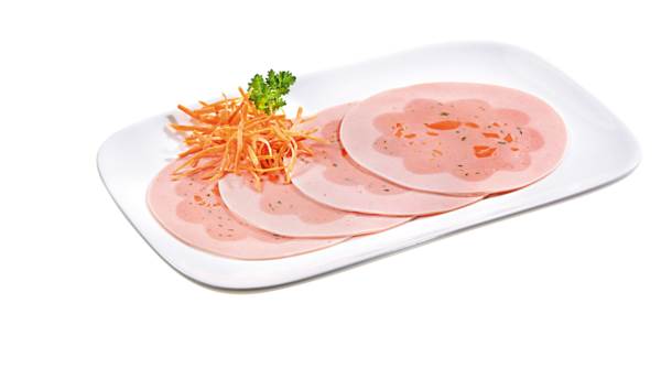 Feldhues Brühwurstpastete mit Schweinefleisch und Truthahnfleisch-Karotte-Bärlauch, 0,5 KG/PK gefächert, ca. 36 Scheiben/Pk, Kaliber 105, im Blumendekor