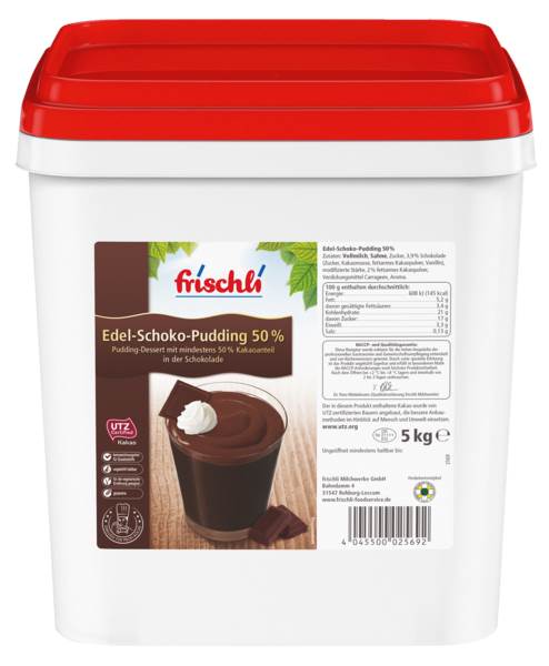 Frischli Sahne Pudding Edel-Schoko, 5,3% Fett, ungekühlt haltbar, 5 KG/EI Pudding-Dessert mit mindestens 50% Kakaoanteil in der Schokolade