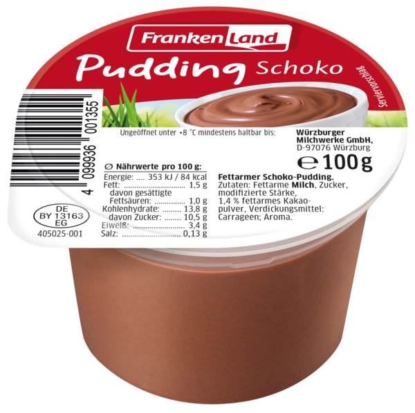Frankenland Schokopudding, 1,5% Fett, 100 G/BE Frankenland Schokopudding, 1,5% Fett, 100 G/BE