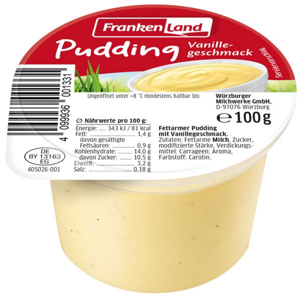 Frankenland Vanillepudding, 1,5% Fett, 100 G/BE