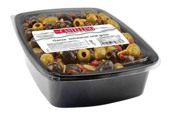 Castellino Antipasti Oliven grün und schwarz, o.Stein, in Öl, Nettoeinwaage: 1350g, 1,9 kg, 1 SH
