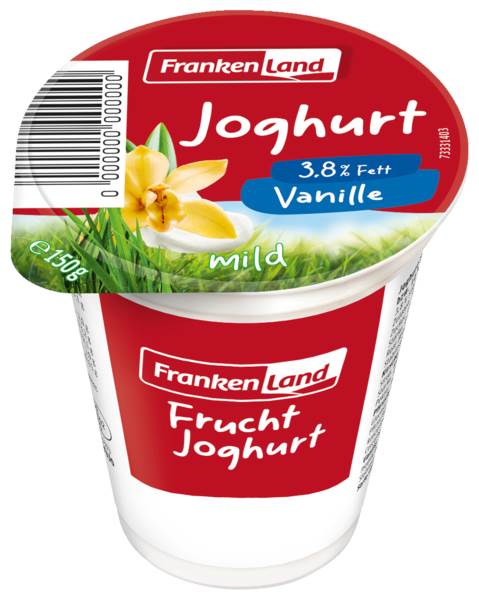 Frankenland Fruchtjoghurt, 3,8 % Fett, 4-fach sortiert, 150 G/BE Erdbeere, Vanille, Pfirsich-Maracuja, Kirsche