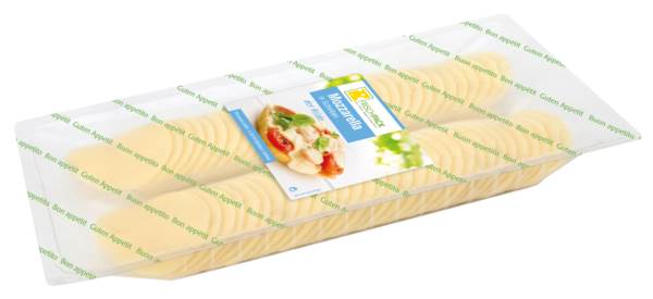 Mozzarella Scheiben rund, 40% Fett i.Tr., Deutschland, 500 G/PK gefächert, 56 Scheiben à ca. 9 g, runde Scheiben Ø 6 cm, o. Konservierungsstoffe