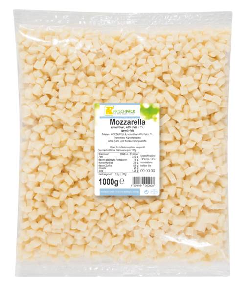 Mozzarella in blokjes gesneden 40%vet, 6x6mm 1 KG/ZK