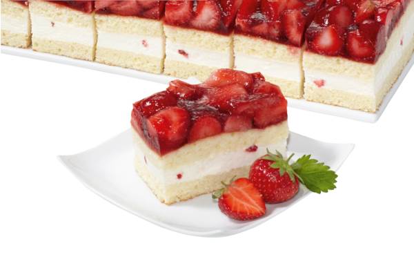 TK Erlenbacher Erdbeer-Buttermilch-Schnitte, Rührteigböden, vorgeschnitten in 12 Portionen, 2 KG/ST Erdbeer-Buttermilch-Sahne-Füllung und Erdbeeren, 19,5 cm x 29 cm,