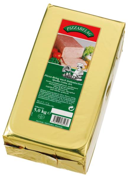 Jaka Pizzabelag Vorderschinkenfleisch, ohne Speck und Schwarte, 1/1 Block, 5 KG/ST mit Zusatz von Wasser und Stärke, gepökelt- gekocht