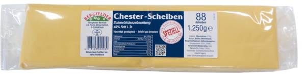 Bergfelder Chester Scheiben, Schmelzkäsezub., 45% Fett i.Tr., Deutschland, 1250 G/PK 88 versetzt gestapelte Scheiben - dadurch leicht zu entnehmen