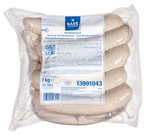 Base Culinar Rostbratwurst, gebrüht, fein, im Schweinedarm, 10 x 100 g, 1 KG/PK Kaliber 28/30 (L16), nach dtsch.Rezeptur