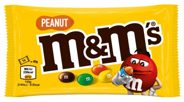 m&m's Peanut, gelb, bunte Schokolinsen mit einem Kern aus gerösteten Erdnüssen, 45 G/BT