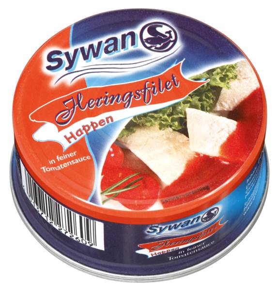 Sywan Heringsfilet-Happen, in Tomaten-Sauce, Fischeinwaage: 60g, 100 G/DS