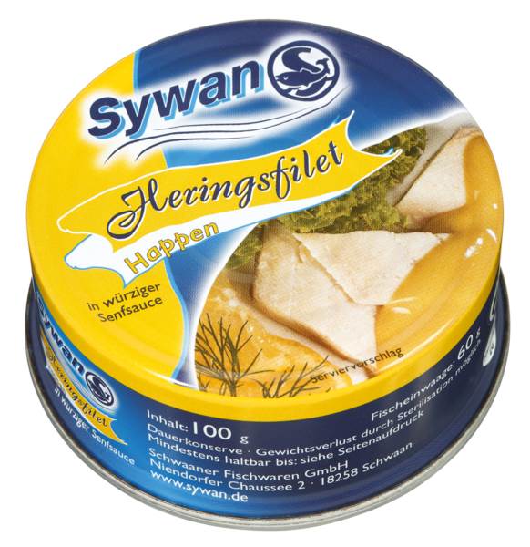 Sywan Heringsfilet-Happen, in Senf-Sauce, Fischeinwaage: 60g, 100 G/DS