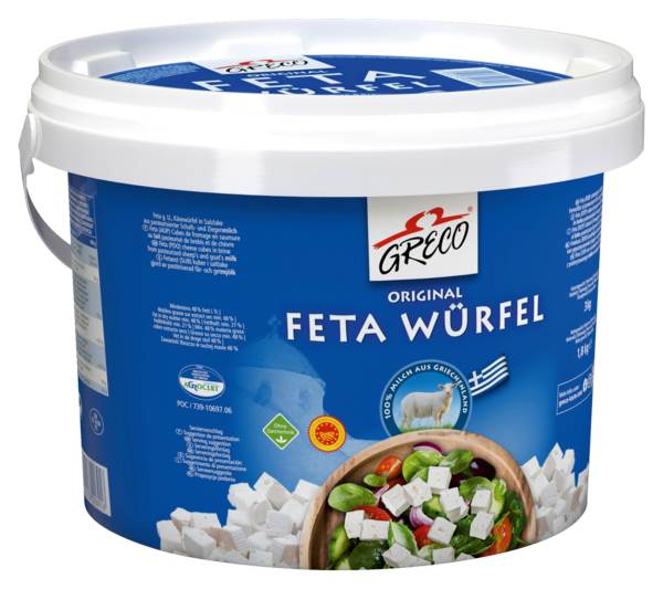Greco Fetawürfel in Salzlake, Weichkäse, 48% Fett i.Tr., Griechenland, 1,8 KG/EI bestehend aus ca. 70% Schafmilch und 30% Ziegenmilch