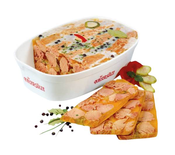 Basedahl Kaisersülze-Sülze aus magerem Schweinefleisch-süßsauer m.Zuckern/Süßungsmittel, 3,15 KG/ST in Schale, mit Zwiebeln, Gurke und Lorbeerblättern