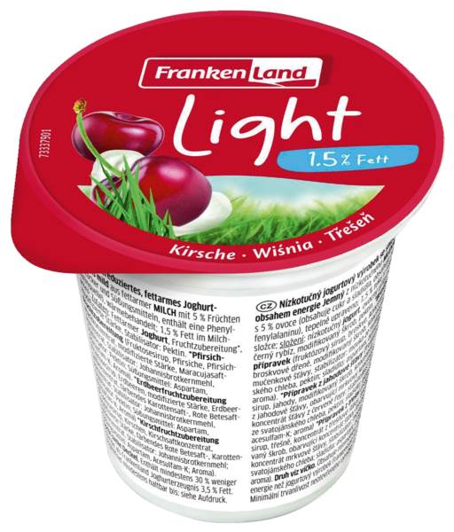 Frankenland Light Fruchtjoghurt, 1,5% Fett, ungekühlt haltbar, 3-fach sortiert, 125 G/BE 10 x Erdbeere, je 5 x Pfirsich-Maracuja und Kirsche