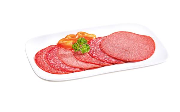 Henkelmann Deli.Rohwurst Ia-Aufschitt, 3-f.- Salami - Schinkenplockwurst - Cervelatwurst, 0,5 KG/PK gefächert, ca. 48 Scheiben/Pk, Kaliber 90/95