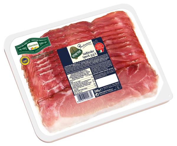 Casa Modena Senfter Südtir.Speck g.g.A., geräuchert, luftgetrocknet, gefächert, ca30Schb/Pk, 0,3 KG/PK mind. 5 Monate gereift
