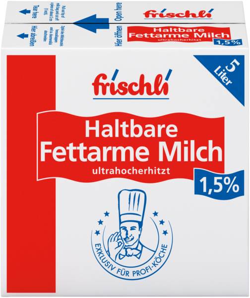 Frischli H-Milch fettarm, 1,5% Fett, 5 L/PK ungekühlt haltbar