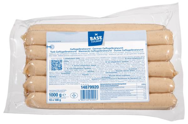Base Culinar Geflügelbratwurst, fein zerkleinert, im Rinderkollagendarm, 10x100g, 1 KG/PK Kaliber 24(L22), aus Geflügelfleisch, nach dtsch.Rezeptur