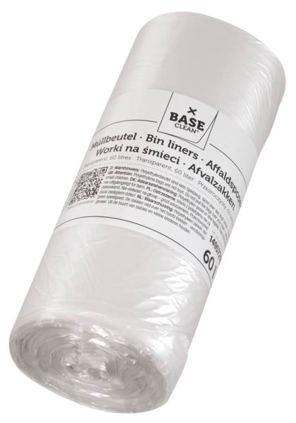 Base Clean Müllbeutel, transparent, 60l, 620x750mm, 9my, 50 Stück, (59937) 1 RO